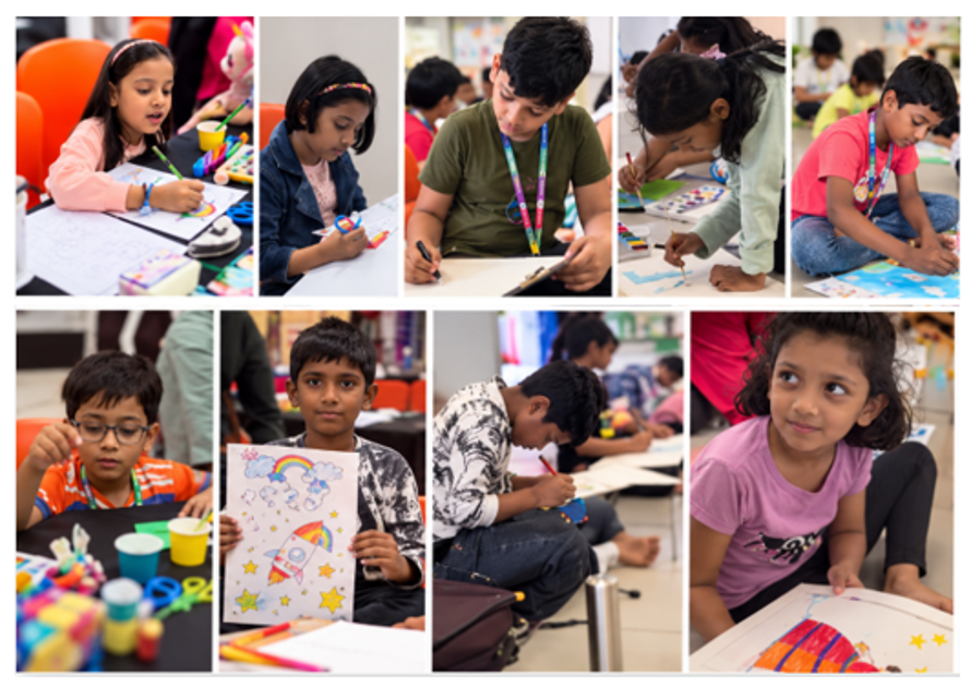 Children enjoying drawing, colouring and craft activities in a classroom