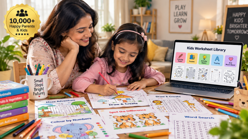 Parent helping a child complete printable activity worksheets beside a digital worksheet library