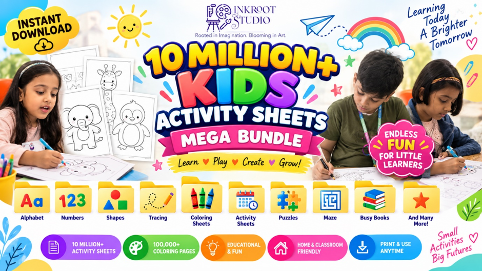 Overview of the kids activity worksheet mega bundle and its learning categories